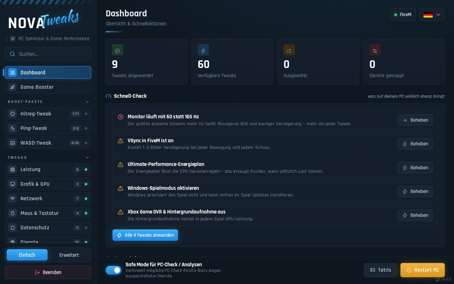 NOVA Tweaks: dashboard with the quick check, showing which settings help most on this PC